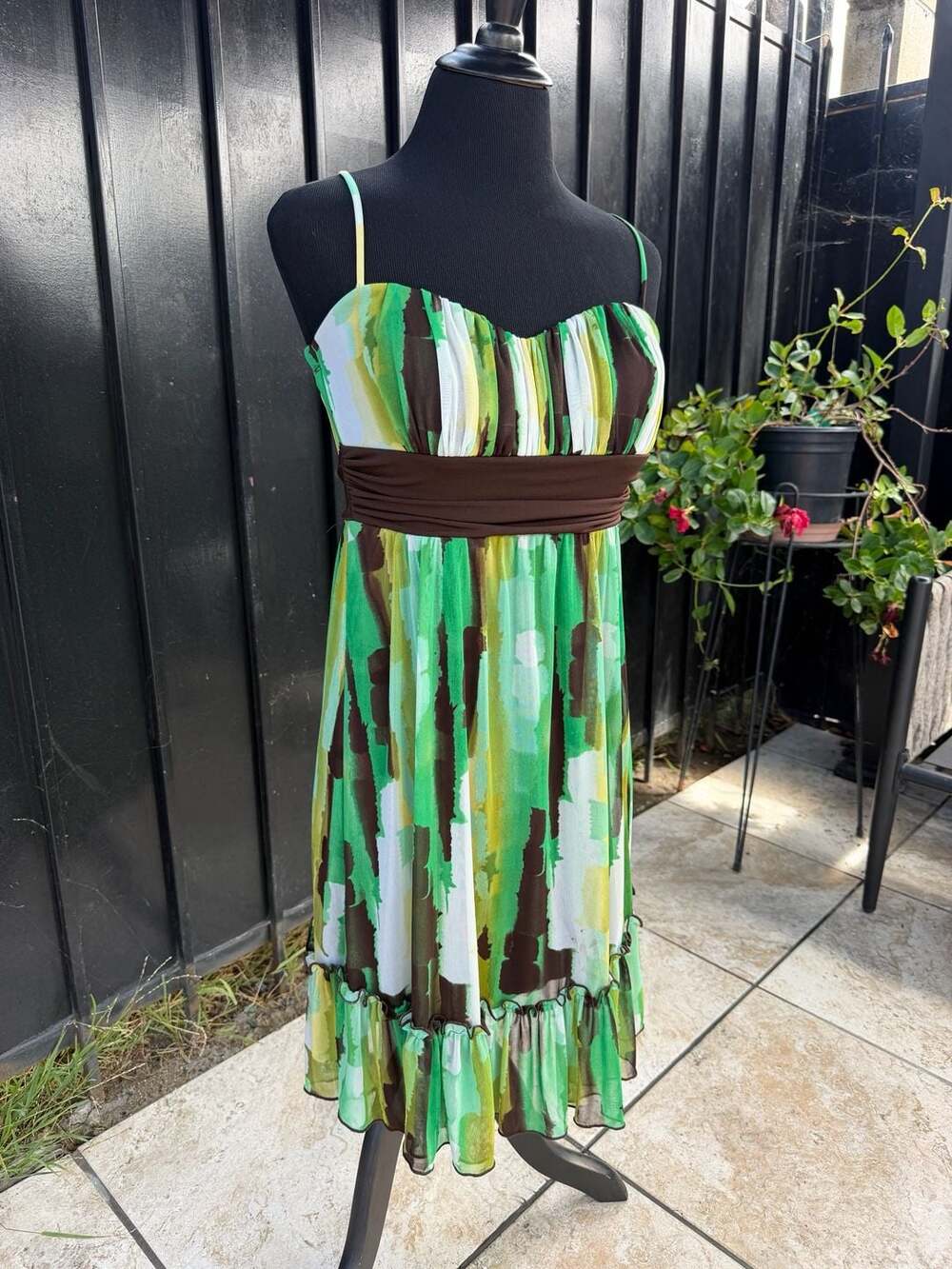 Y2K Miss Bison Green Brown Abstract Chiffon Spaghetti Strap Babydoll Dress